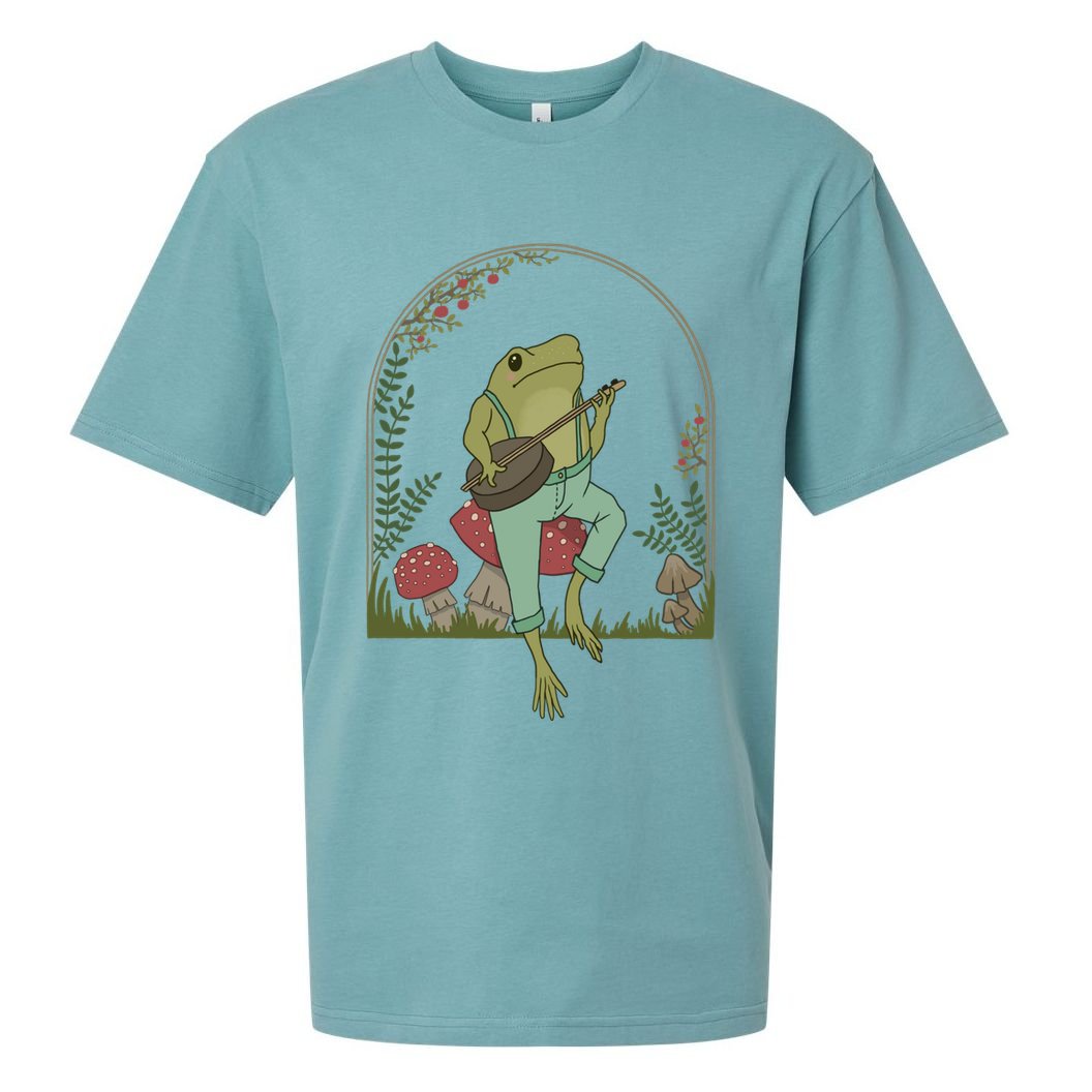 Cottagecore Aesthetic Frog Playing Banjo on Mushroom Cute Sueded Cloud Jersey T-Shirt