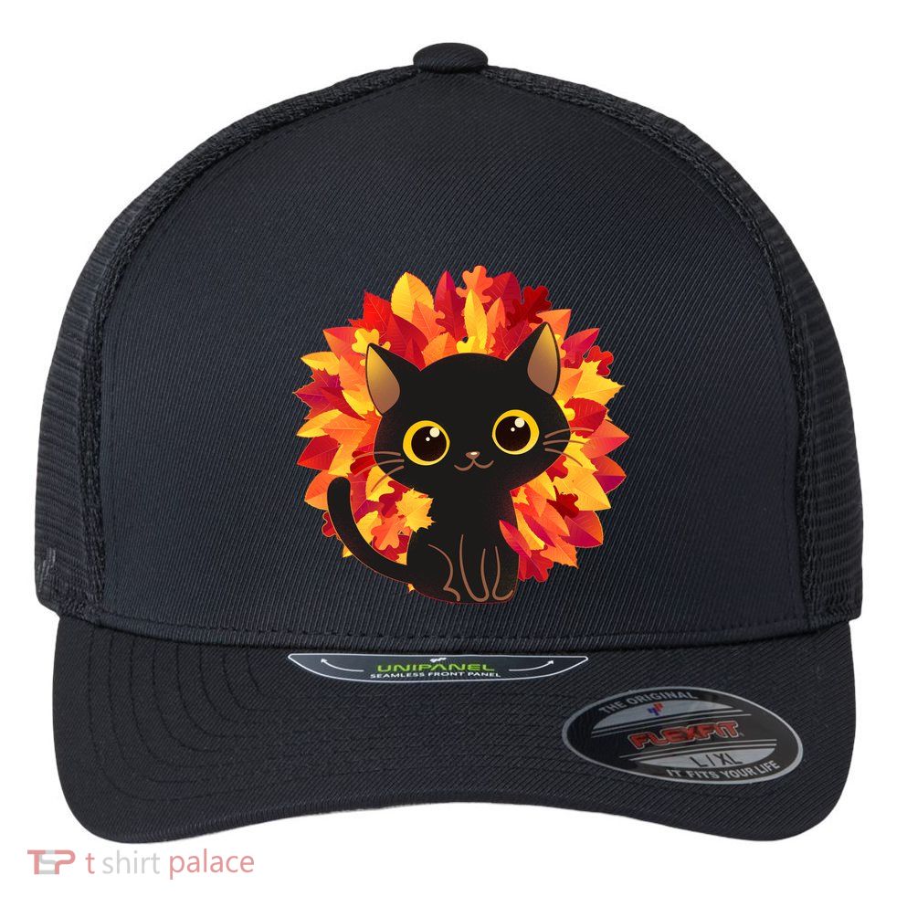 Cute Autumn Fall Black Cat Flexfit Unipanel Trucker Cap