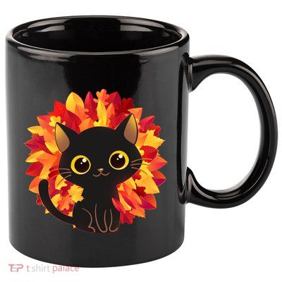 Cute Autumn Fall Black Cat 11oz C Handle Ceramic Mug