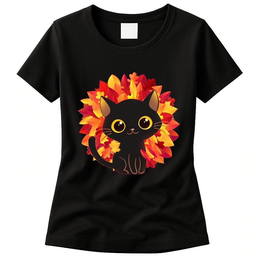 Cute Autumn Fall Black Cat Womens T-Shirt