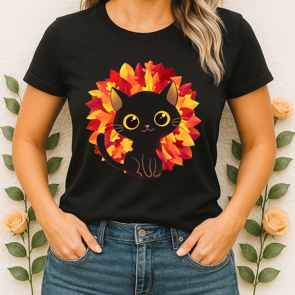 Cute Autumn Fall Black Cat Womens T-Shirt