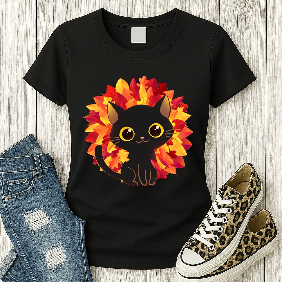 Cute Autumn Fall Black Cat Womens T-Shirt