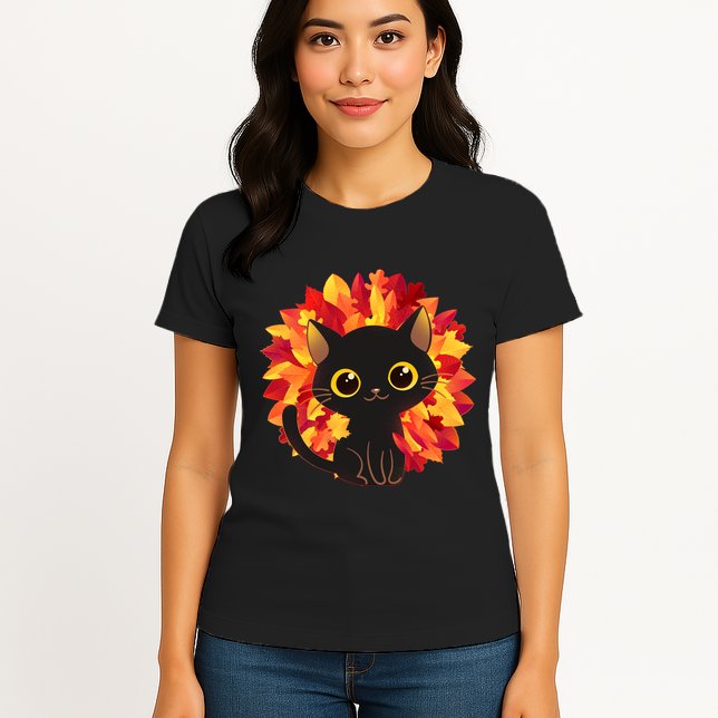 Cute Autumn Fall Black Cat Womens T-Shirt