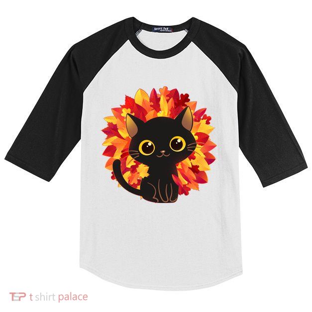 Cute Autumn Fall Black Cat Kids Colorblock Raglan Jersey