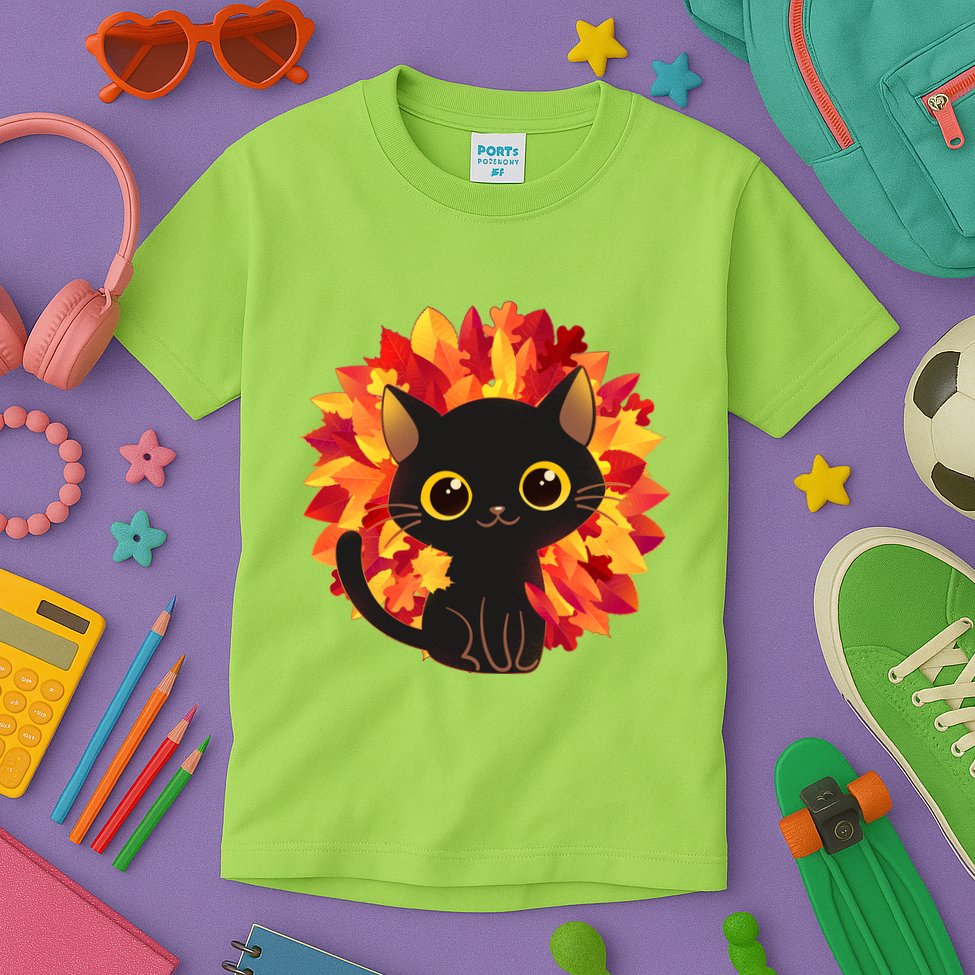 Cute Autumn Fall Black Cat Kids T-Shirt