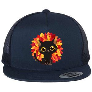 Cute Autumn Fall Black Cat Flat Bill Trucker Hat