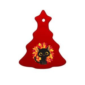 Cute Autumn Fall Black Cat Ceramic Tree Ornament