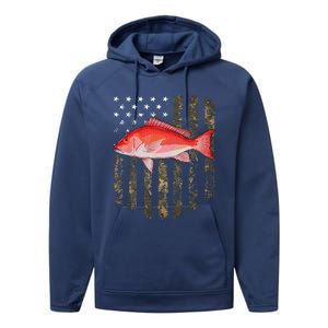 Camo American Flag Red Snapper Fishing 4th Of July Performance Fleece Hoodie