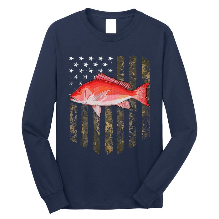 Camo American Flag Red Snapper Fishing 4th Of July Long Sleeve Shirt