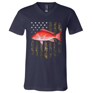 Camo American Flag Red Snapper Fishing 4th Of July V-Neck T-Shirt