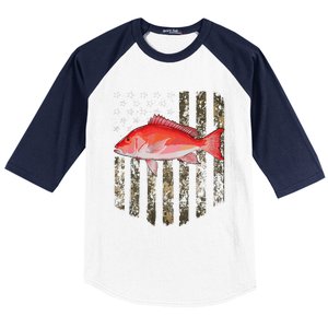 Camo American Flag Red Snapper Fishing 4th Of July Baseball Sleeve Shirt