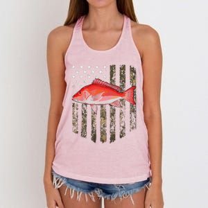 Camo American Flag Red Snapper Fishing 4th Of July Women's Knotted Racerback Tank