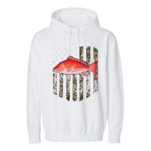 Camo American Flag Red Snapper Fishing 4th Of July Garment-Dyed Fleece Hoodie