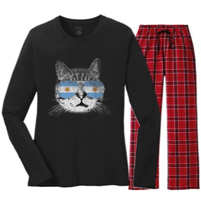 Cat Argentina Flag Country Retro Funny Gift Women's Long Sleeve Flannel Pajama Set 