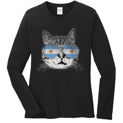 Cat Argentina Flag Country Retro Funny Gift Ladies Long Sleeve Shirt