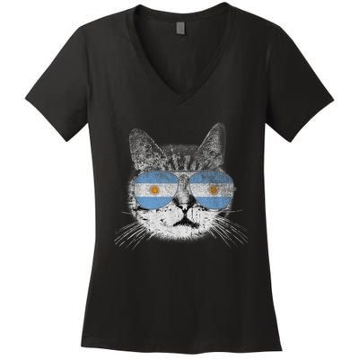 Cat Argentina Flag Country Retro Funny Gift Women's V-Neck T-Shirt