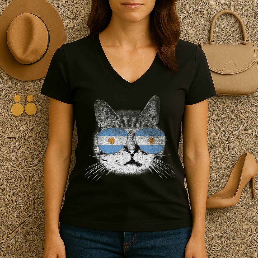 Cat Argentina Flag Country Retro Funny Gift Women's V-Neck T-Shirt