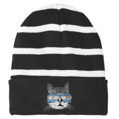 Cat Argentina Flag Country Retro Funny Gift Ank Op Striped Beanie with Solid Band