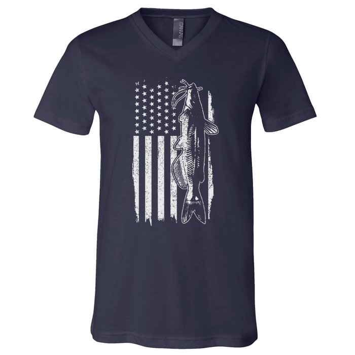 Catfish American Flag Patriotic Catfishing Fishing Gift V-Neck T-Shirt