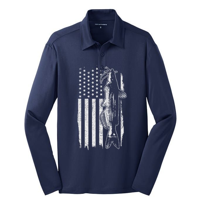 Catfish American Flag Patriotic Catfishing Fishing Gift Silk Touch Performance Long Sleeve Polo