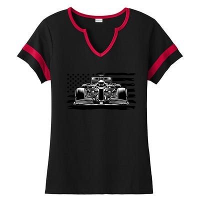 Cool American F1 Race Car With Flag Ladies Halftime Notch Neck Tee