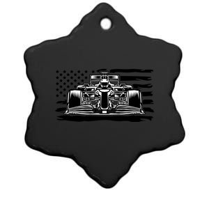 Cool American F1 Race Car With Flag Ceramic Star Ornament