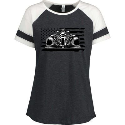 Cool American F1 Race Car With Flag Enza Ladies Jersey Colorblock Tee