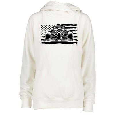 Cool American F1 Race Car With Flag Womens Funnel Neck Pullover Hood