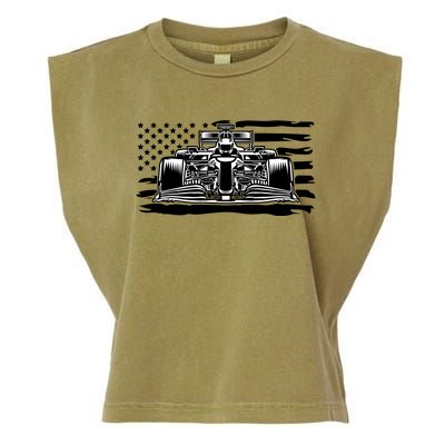 Cool American F1 Race Car With Flag Garment-Dyed Women's Muscle Tee