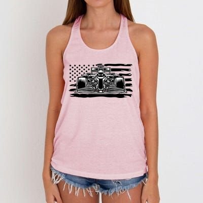 Cool American F1 Race Car With Flag Women's Knotted Racerback Tank