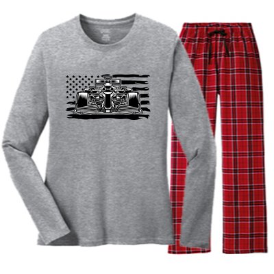 Cool American F1 Race Car With Flag Women's Long Sleeve Flannel Pajama Set 