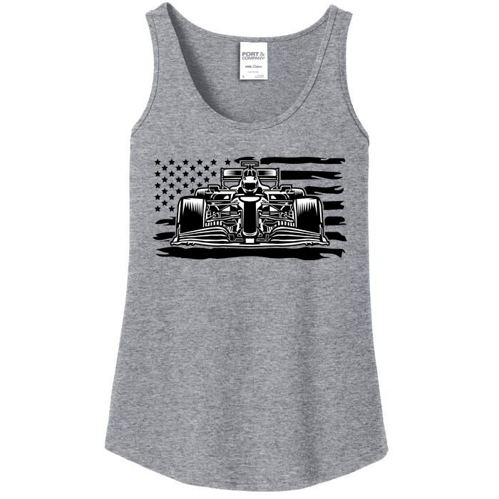 Cool American F1 Race Car With Flag Ladies Essential Tank