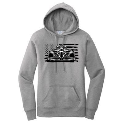 Cool American F1 Race Car With Flag Women's Pullover Hoodie