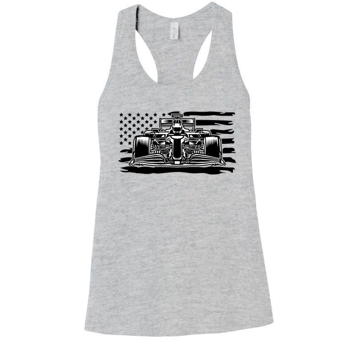 Cool American F1 Race Car With Flag Women's Racerback Tank