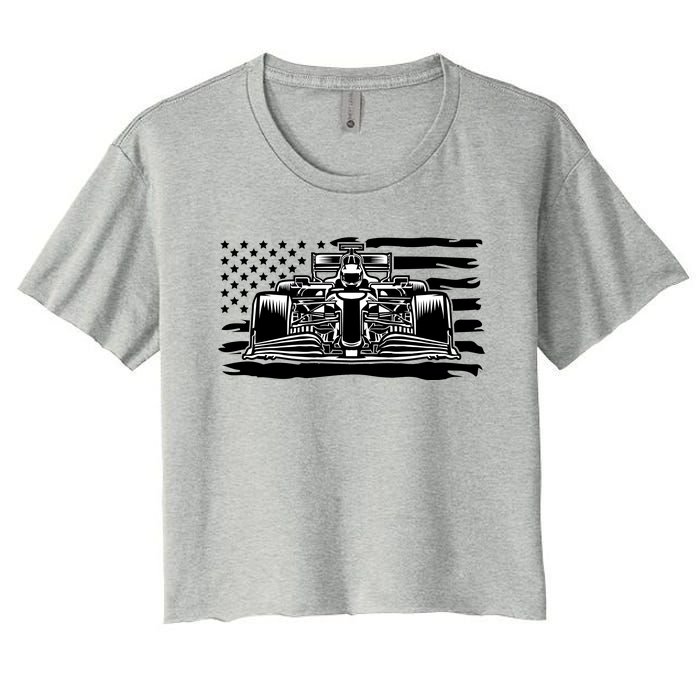 Cool American F1 Race Car With Flag Women's Crop Top Tee