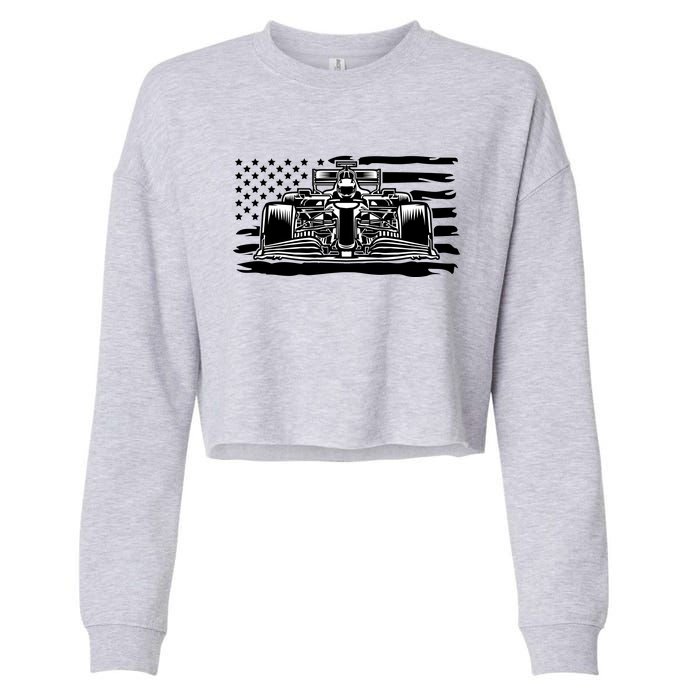 Cool American F1 Race Car With Flag Cropped Pullover Crew