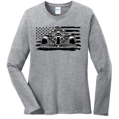 Cool American F1 Race Car With Flag Ladies Long Sleeve Shirt