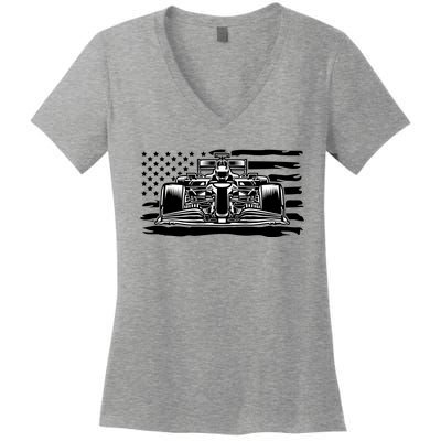 Cool American F1 Race Car With Flag Women's V-Neck T-Shirt