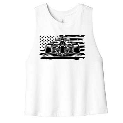 Cool American F1 Race Car With Flag Women's Racerback Cropped Tank