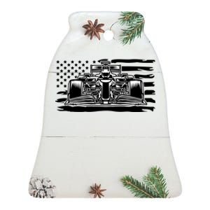 Cool American F1 Race Car With Flag Ceramic Bell Ornament