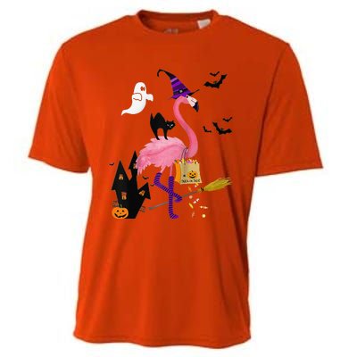 Cute And Fun Halloween Trick Or Treat Witch Flamingo Raglan Baseball Cooling Performance Crew T-Shirt