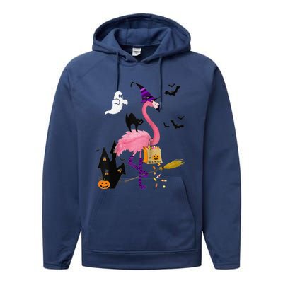 Cute And Fun Halloween Trick Or Treat Witch Flamingo Raglan Baseball Performance Fleece Hoodie