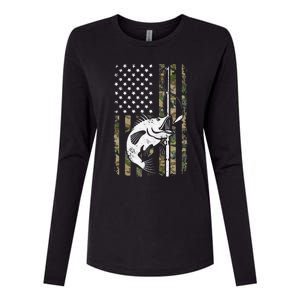 Camouflage American Flag Bass Fishing Gift Fisherman Womens Cotton Relaxed Long Sleeve T-Shirt