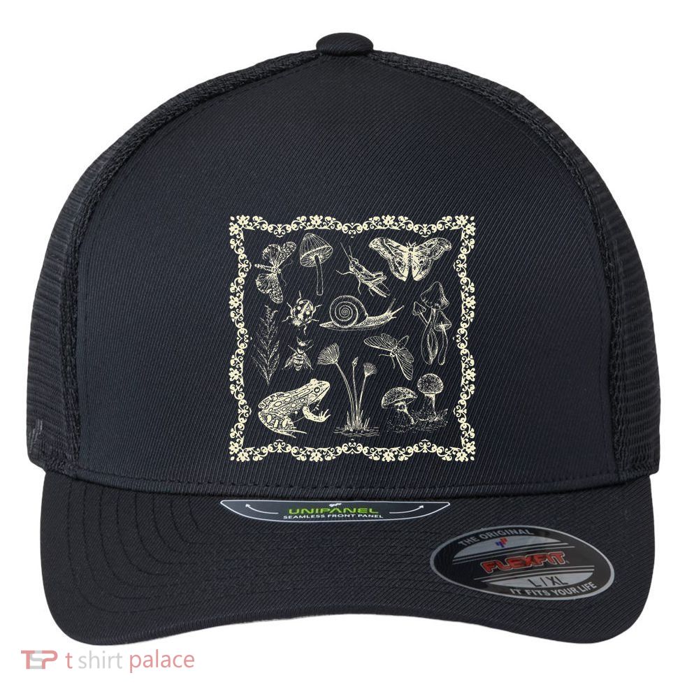 Cottagecore Aesthetic Frog And Mushroom Goblincore Flexfit Unipanel Trucker Cap