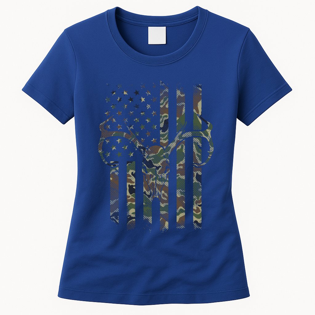Camo American Flag Deer Skull Elk Hunting Usa Hunter Gift Womens T-Shirt