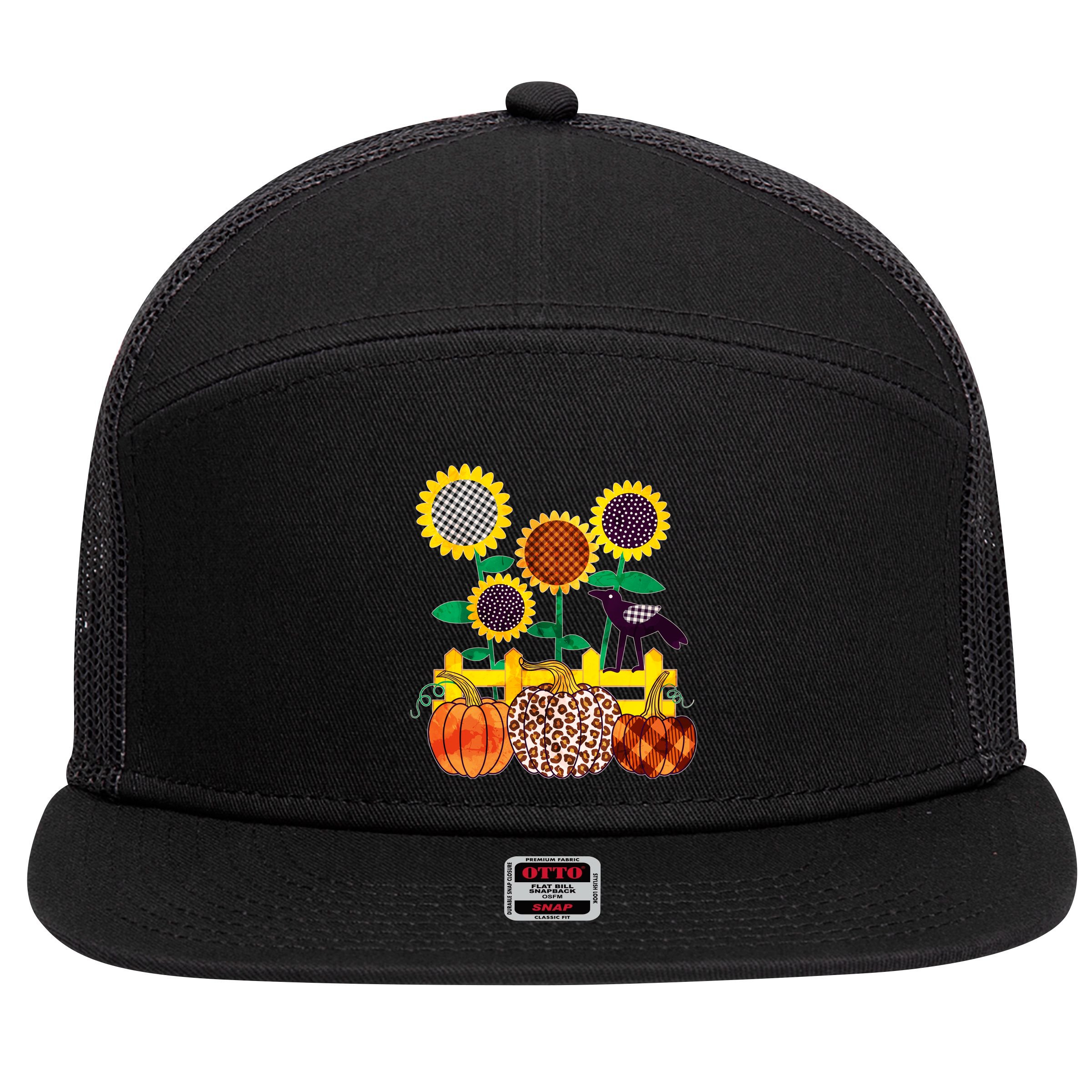 Cute Autumn Fall Patterns Raven Crow Sunflowers Pumpkins 7 Panel Mesh Trucker Snapback Hat