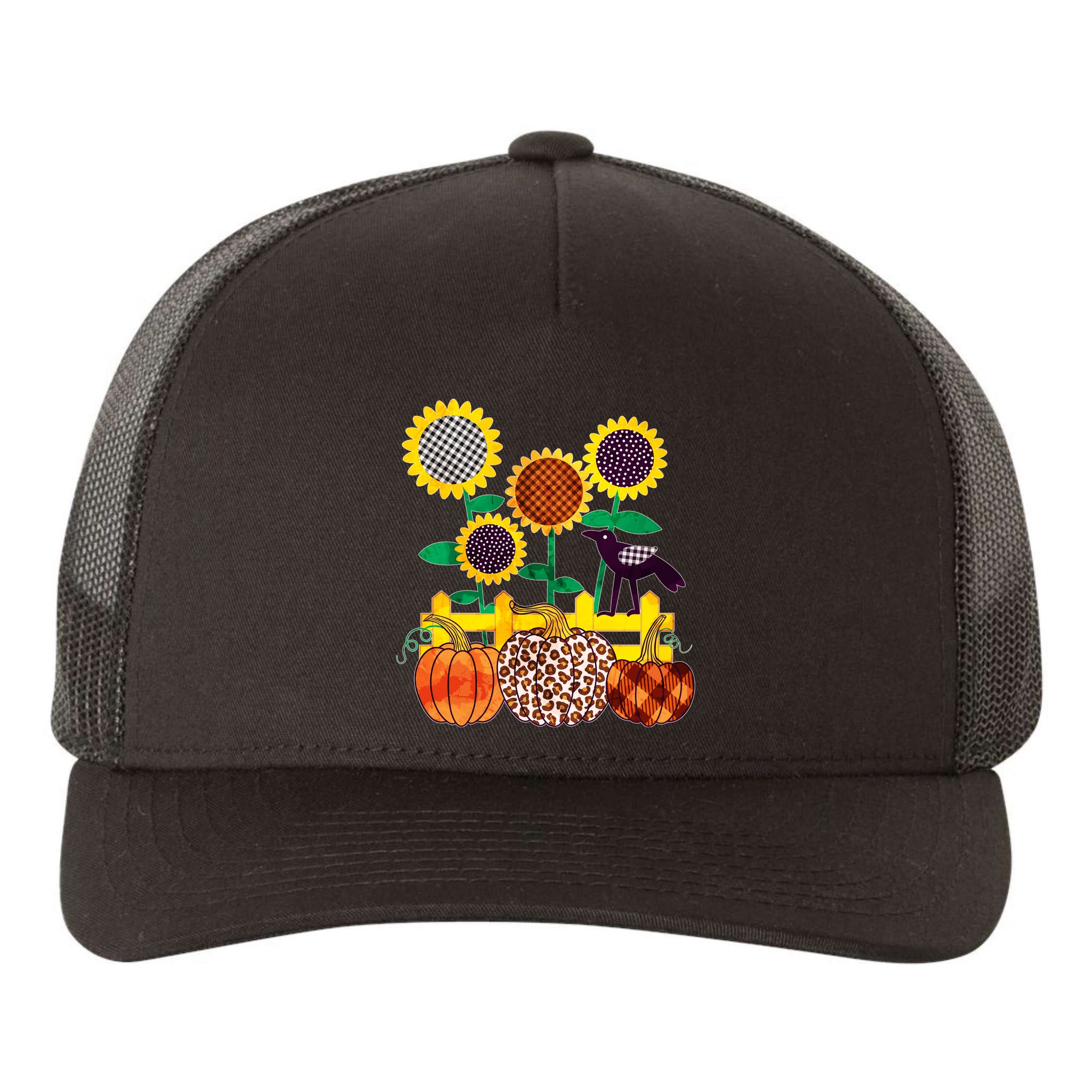 Cute Autumn Fall Patterns Raven Crow Sunflowers Pumpkins Yupoong Adult 5-Panel Trucker Hat