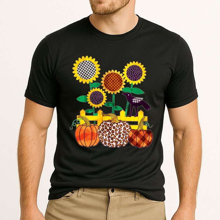 Cute Autumn Fall Patterns Raven Crow Sunflowers Pumpkins Cooling Performance Crew T-Shirt