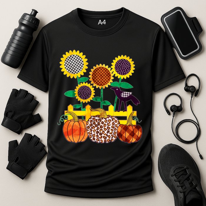 Cute Autumn Fall Patterns Raven Crow Sunflowers Pumpkins Cooling Performance Crew T-Shirt