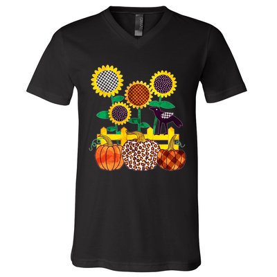 Cute Autumn Fall Patterns Raven Crow Sunflowers Pumpkins V-Neck T-Shirt